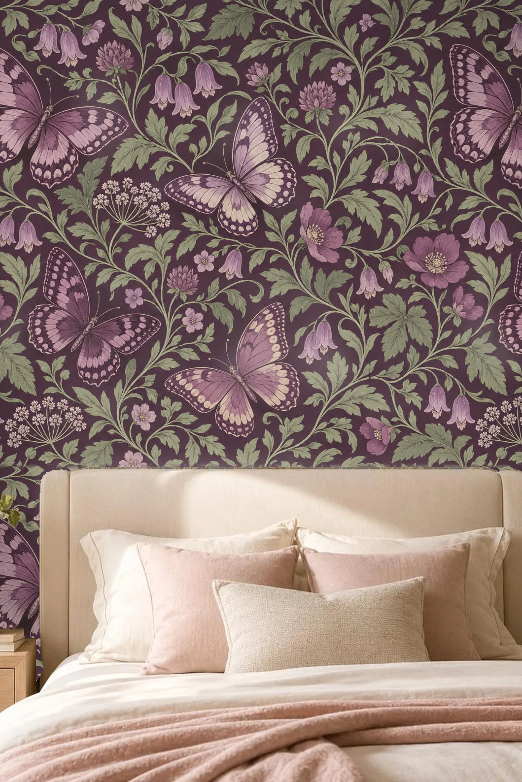 Wallpaper pattern showing intertwined leafy vines and small flower clusters