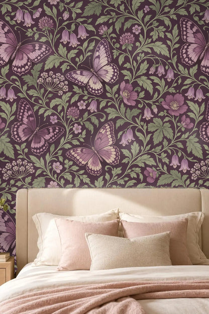 Wallpaper pattern showing intertwined leafy vines and small flower clusters