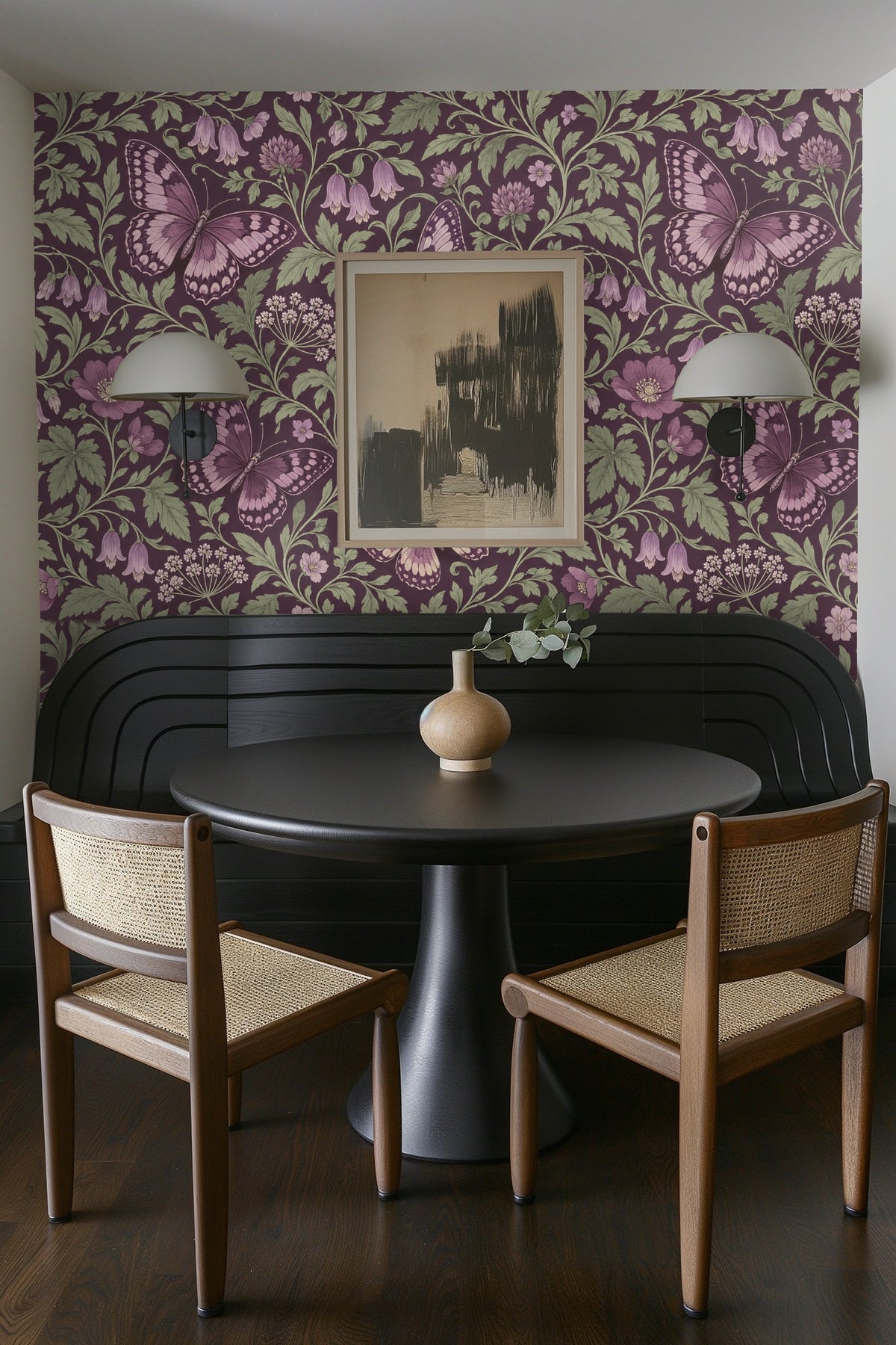 Butterfly wings with intricate markings and soft mauve color on floral wallpaper