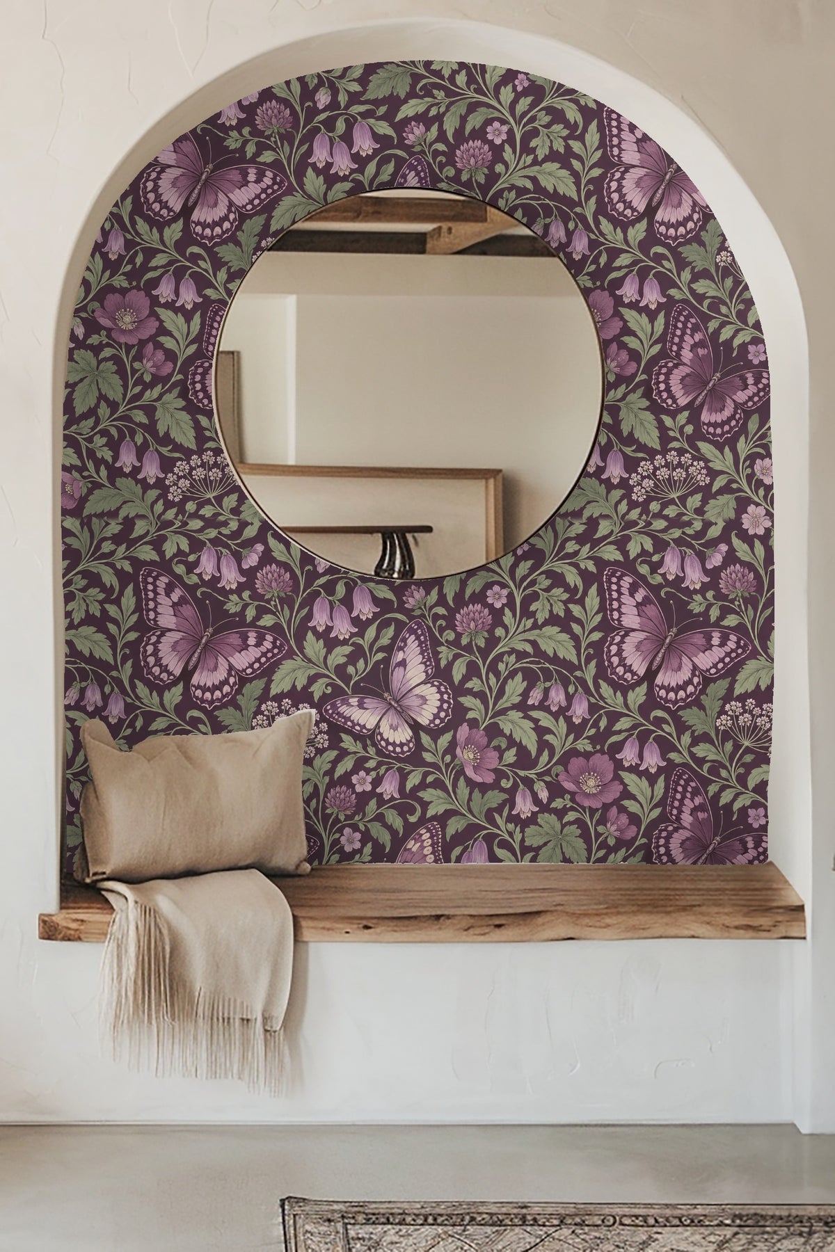 Wallpaper close-up showing botanical floral elements and mauve-toned butterflies on plum ground