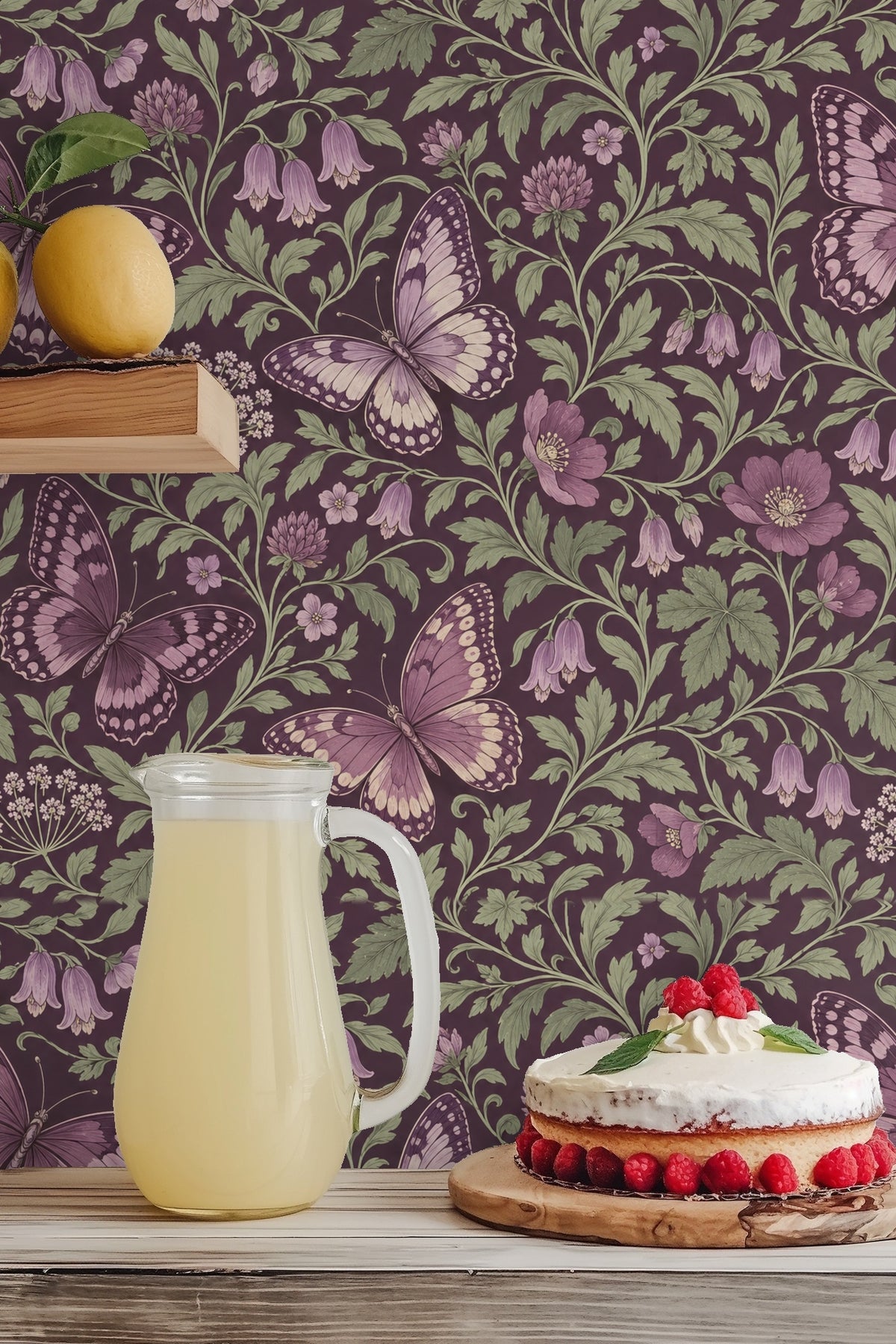 Gold wall sconce lighting highlighting floral and butterfly wallpaper details