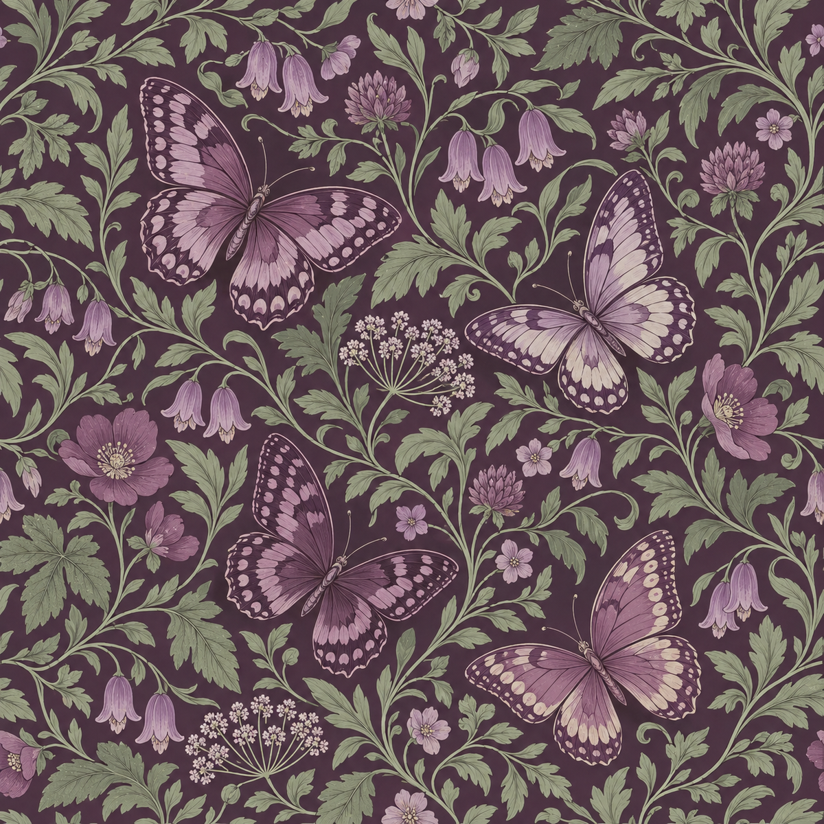 Wide view of bedroom wall covered in violet butterfly floral wallpaper
