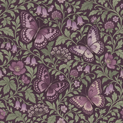 Wide view of bedroom wall covered in violet butterfly floral wallpaper