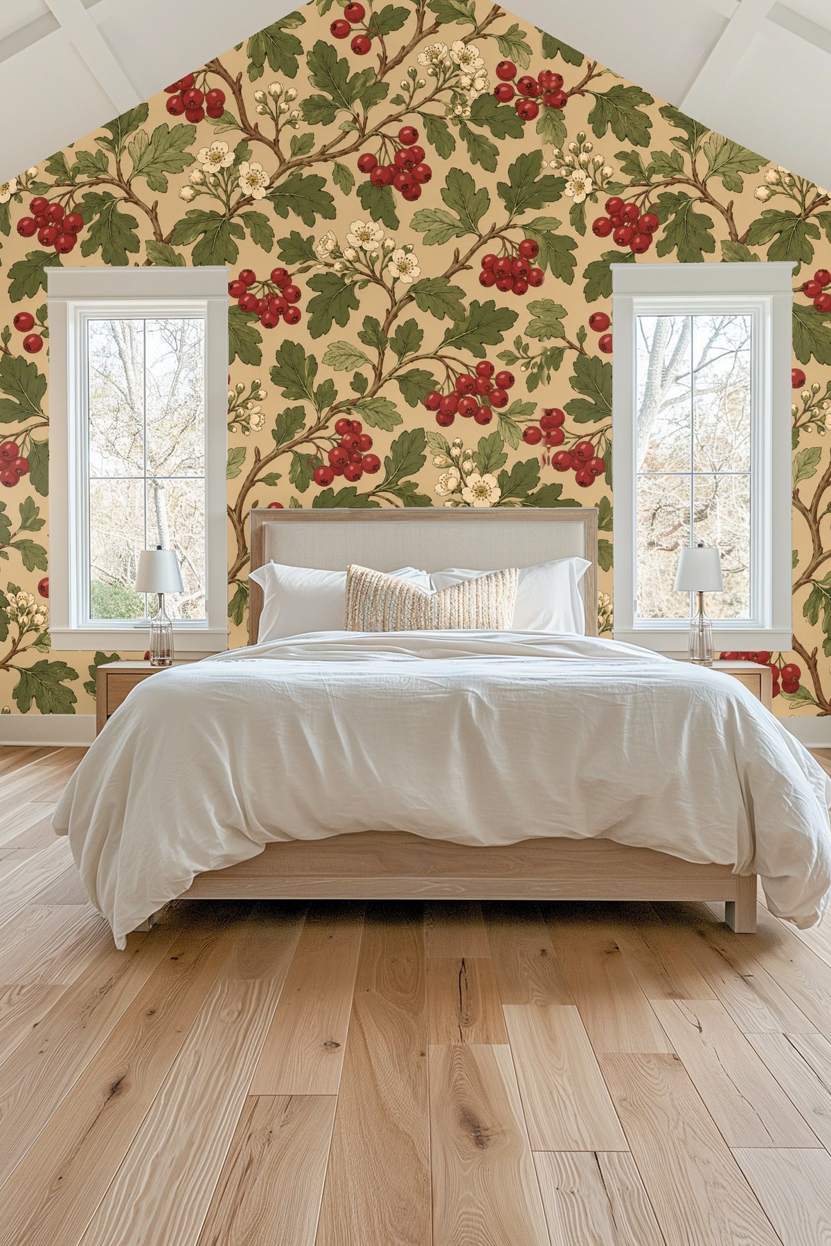 Wallpaper close-up showing green leaves, red berries, and white blossoms on beige background