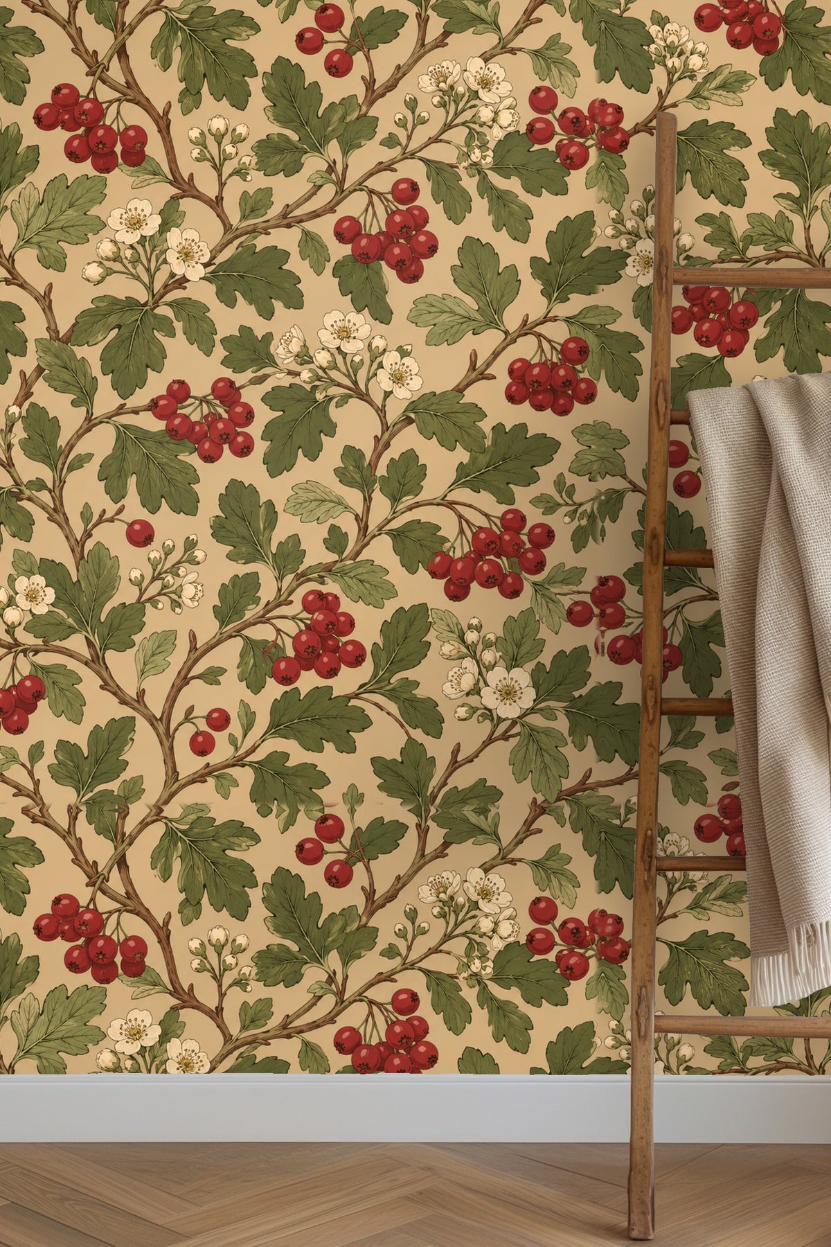Bedroom wall covered in wallpaper with red berries and green leaves behind bed and windows