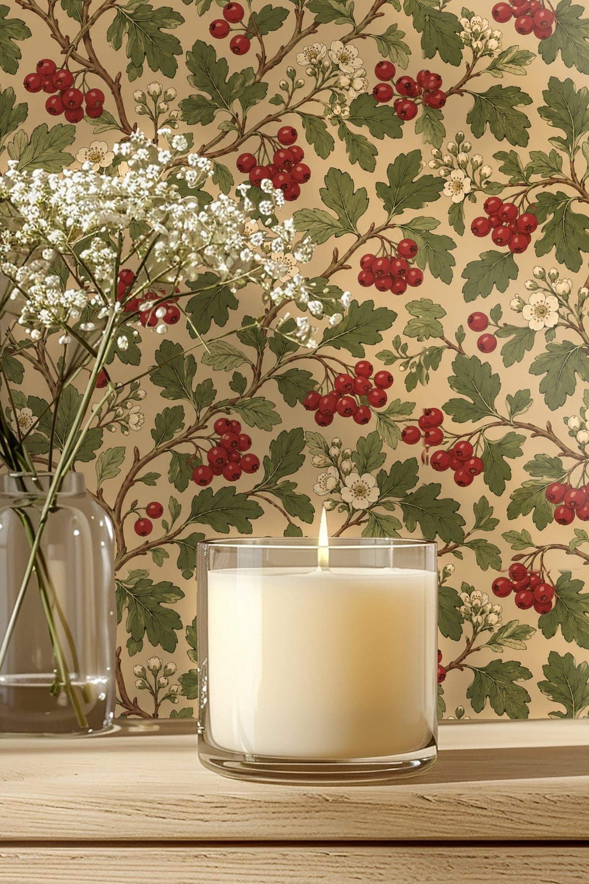 Living room detail featuring the wallpaper behind a lit candle and flower arrangement