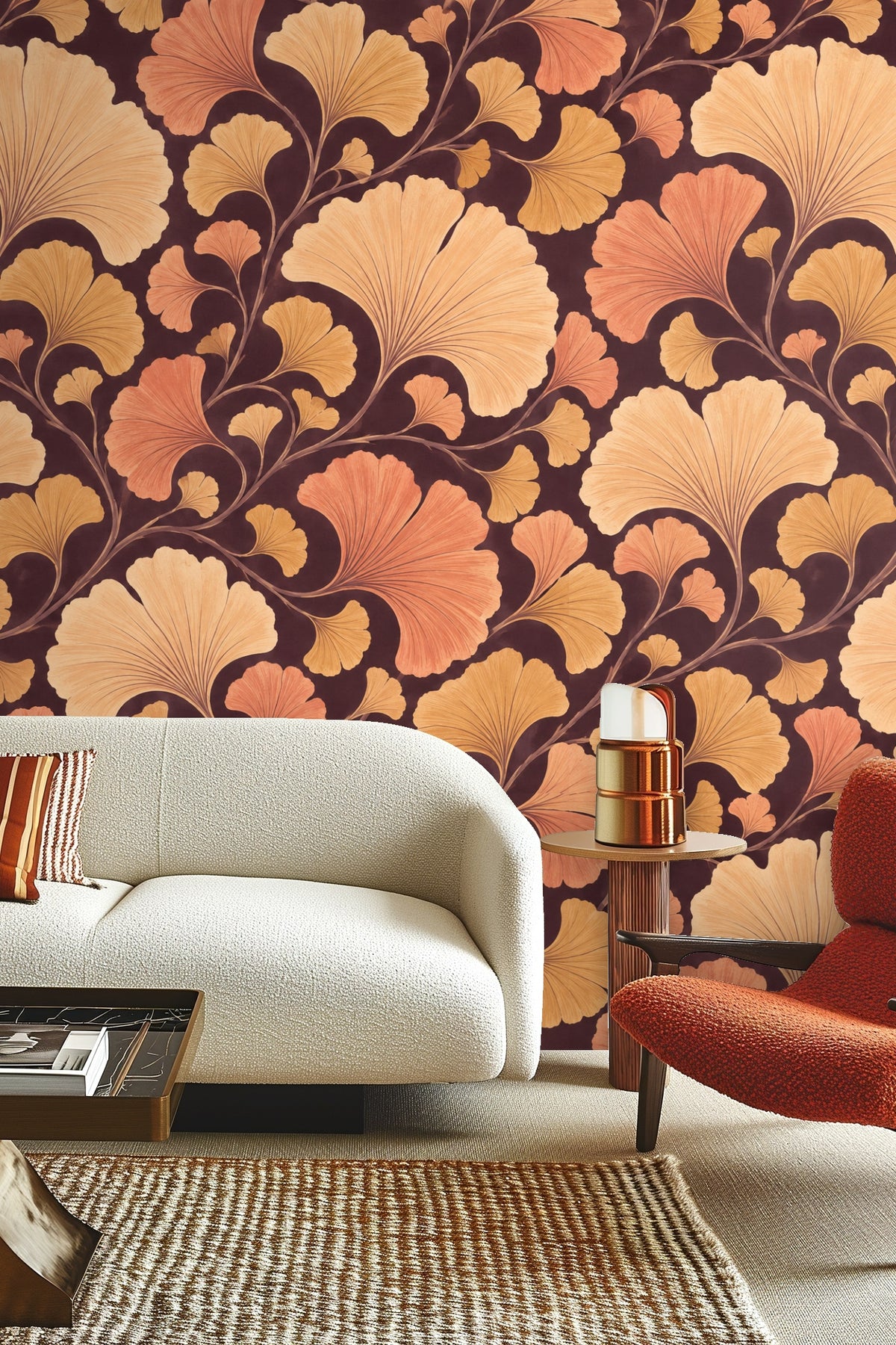 Ambient light enhancing warm tones of botanical wallpaper behind wooden furniture.