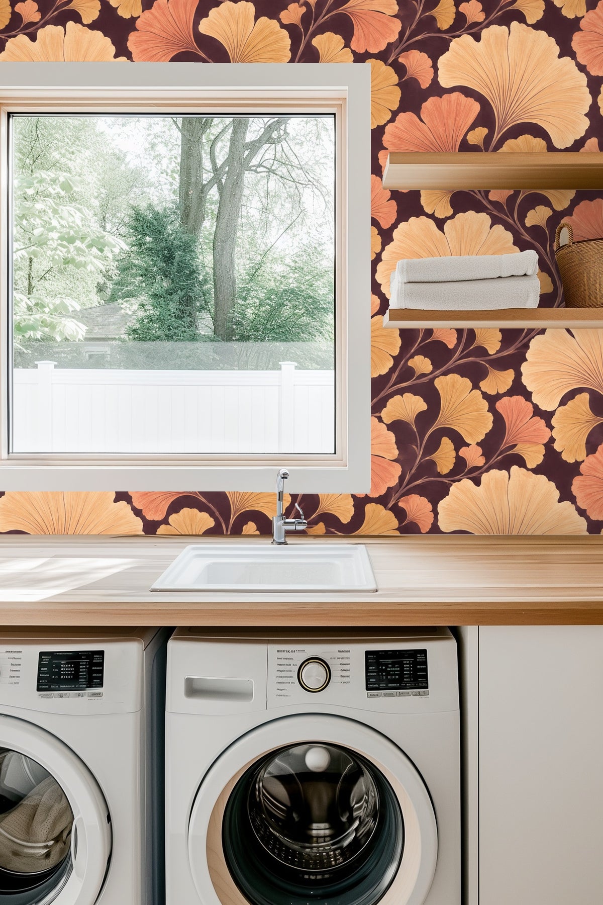 Side table with lit candle and flowers in front of wallpaper featuring orange and golden ginkgo leaves on deep brown background.