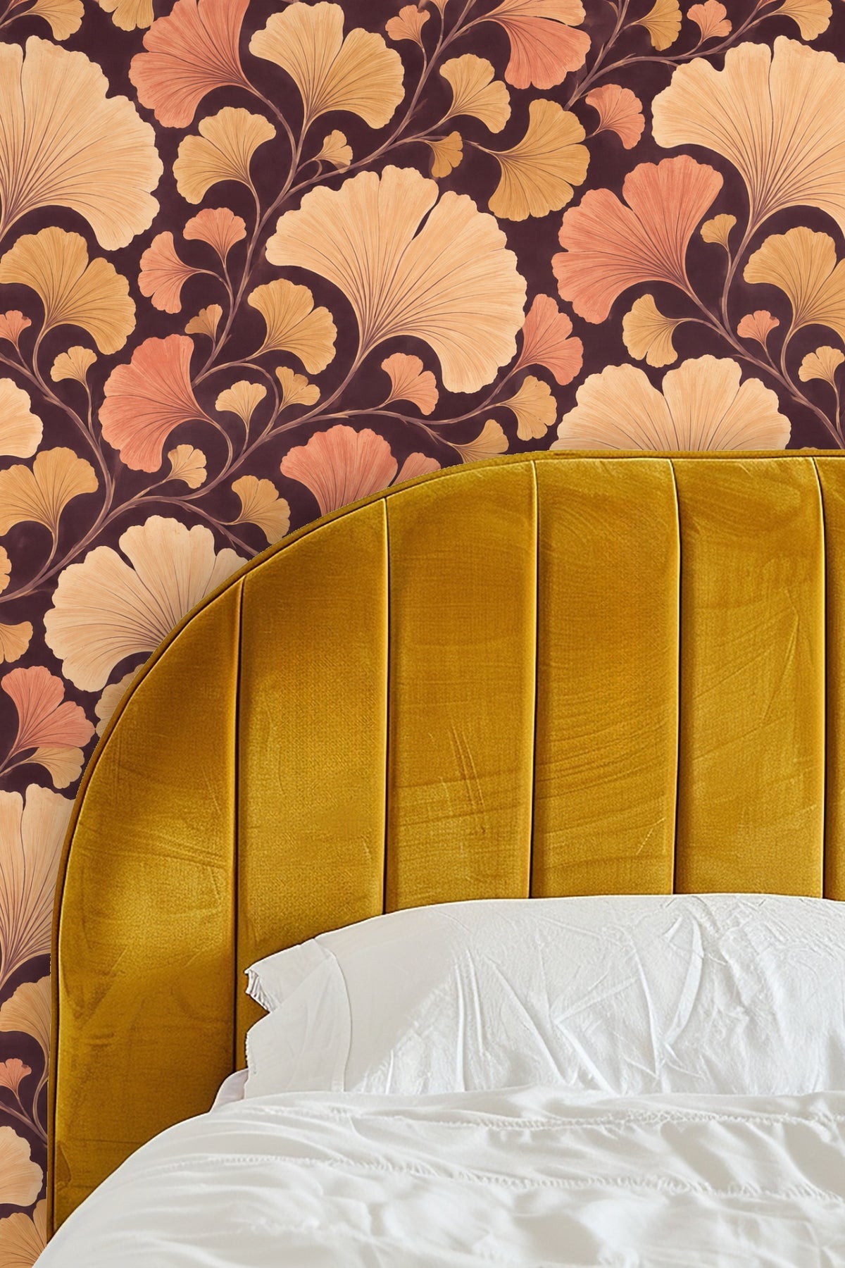 Pattern repeat showing large ginkgo leaves and delicate stems on rich espresso backdrop.