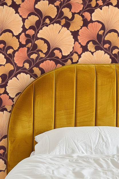 Pattern repeat showing large ginkgo leaves and delicate stems on rich espresso backdrop.