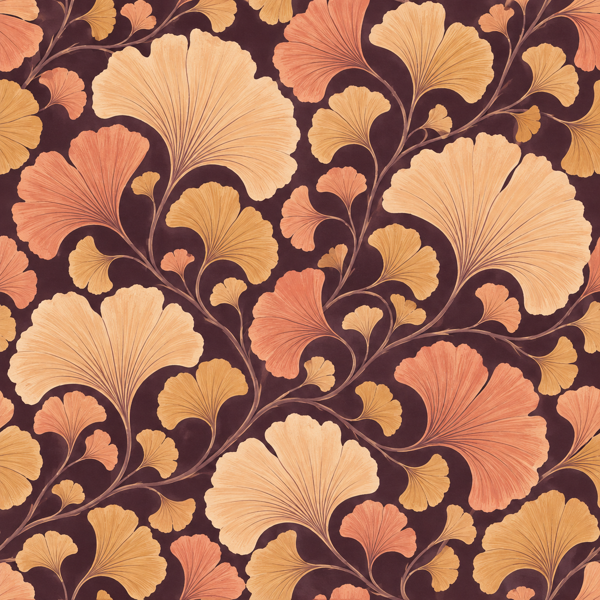 Still life scene with floral wallpaper and minimalist decor elements in amber and brown tones.