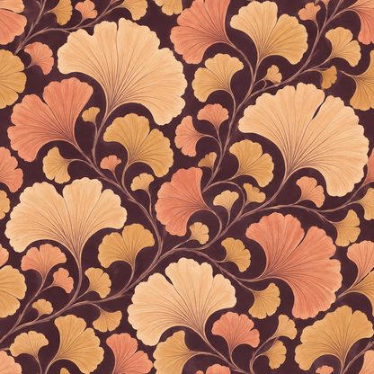 Still life scene with floral wallpaper and minimalist decor elements in amber and brown tones.