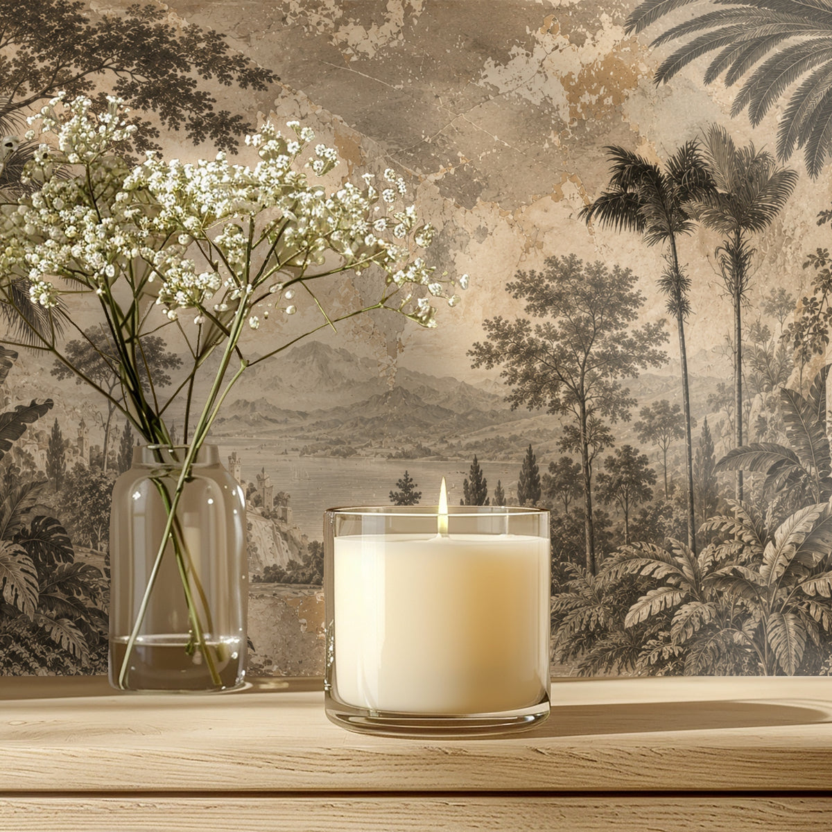 Full artwork: panoramic sepia landscape mural with tall palms, distant mountains, a coastal village and distressed plaster texture