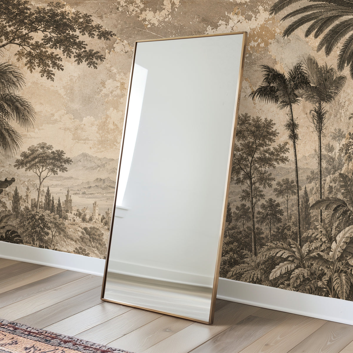 Playroom view: arched window framing part of the mural with tall palms and a village scene along the lower horizon