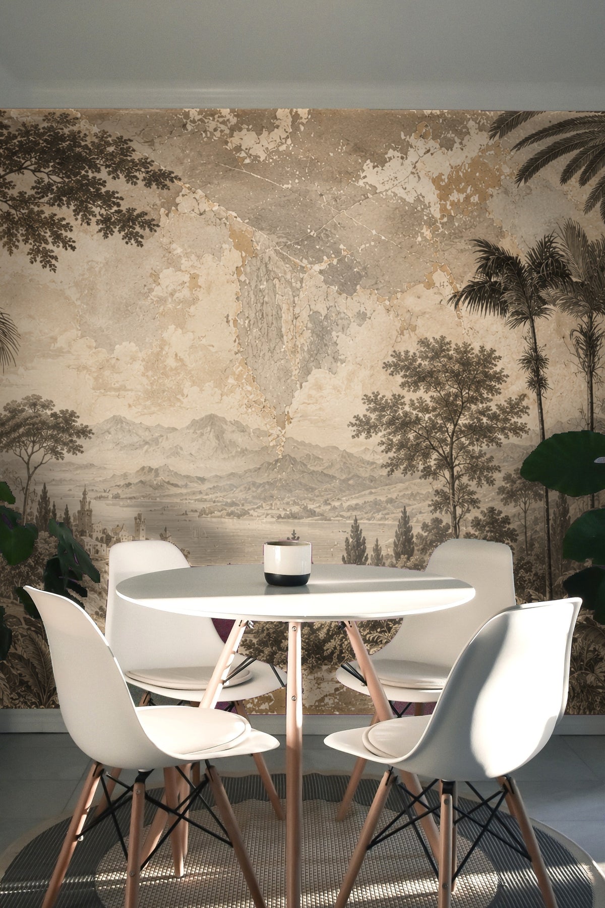 Entryway perspective: mural wrapping an arched opening with palms and distant mountains anchoring the scene