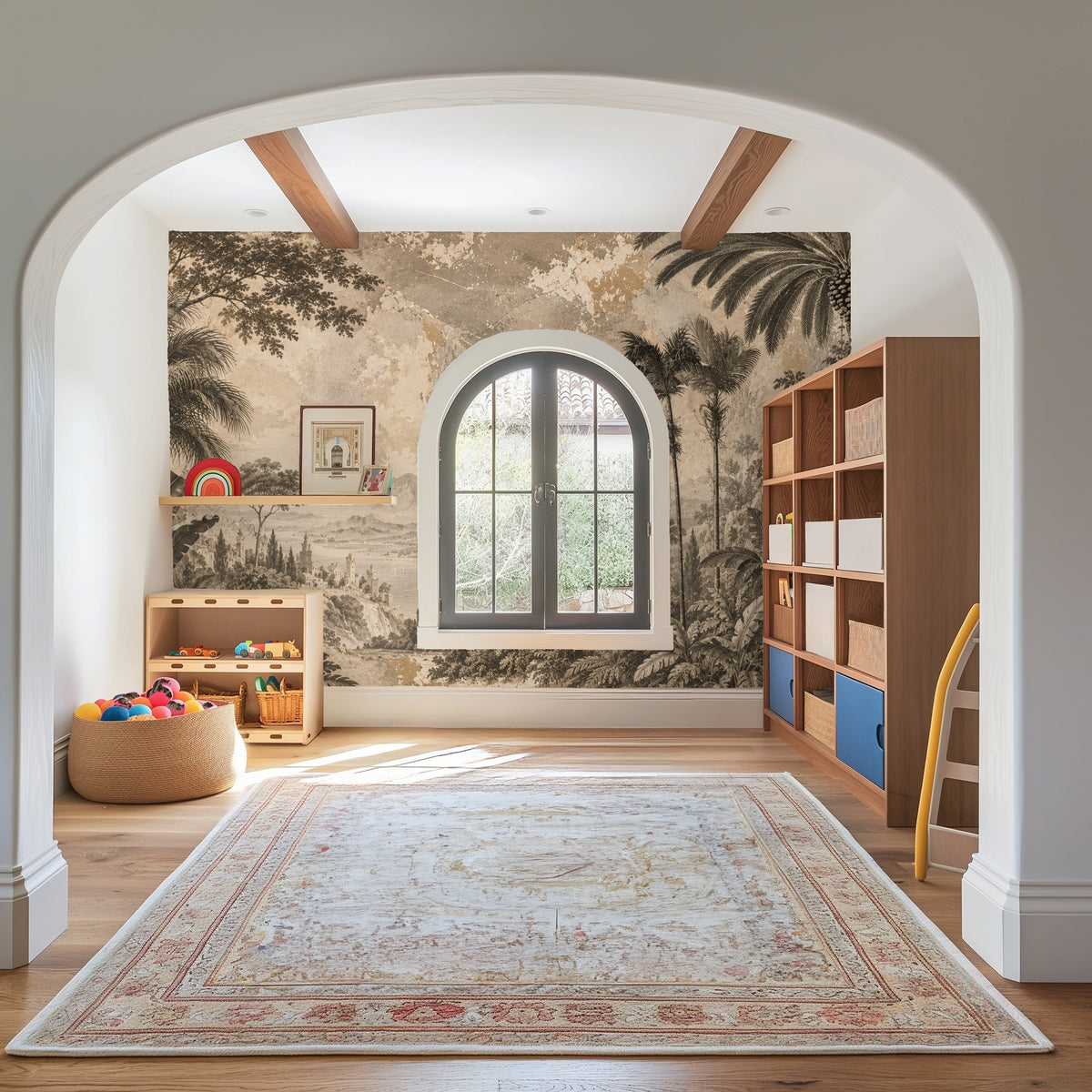 Bedroom install: gabled feature wall showcasing the mural’s horizon line, palms and layered foliage behind a bed