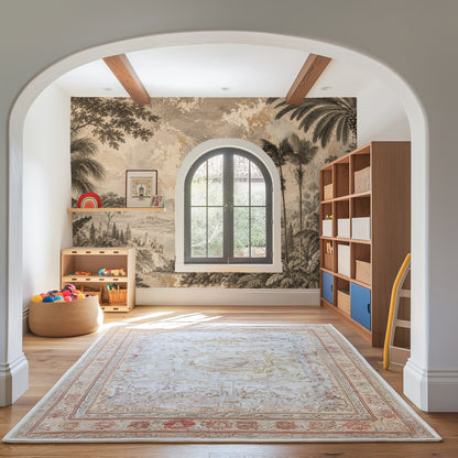 Bedroom install: gabled feature wall showcasing the mural’s horizon line, palms and layered foliage behind a bed