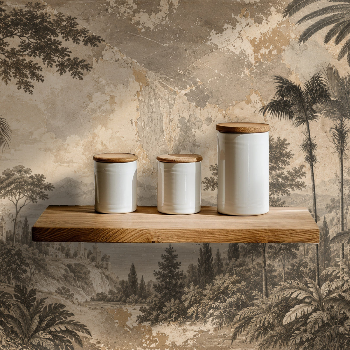 Wall close-up: high-detail view of inked trees, banana leaves and the mural’s weathered, mottled overlay