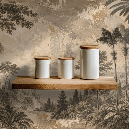 Wall close-up: high-detail view of inked trees, banana leaves and the mural’s weathered, mottled overlay
