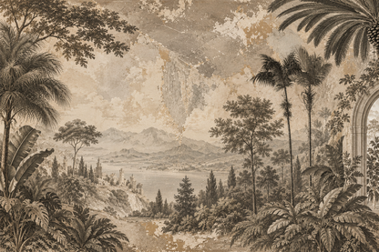 High-resolution detail: tight crop of mountain horizon, cypress trees and the mural’s aged plaster flecking