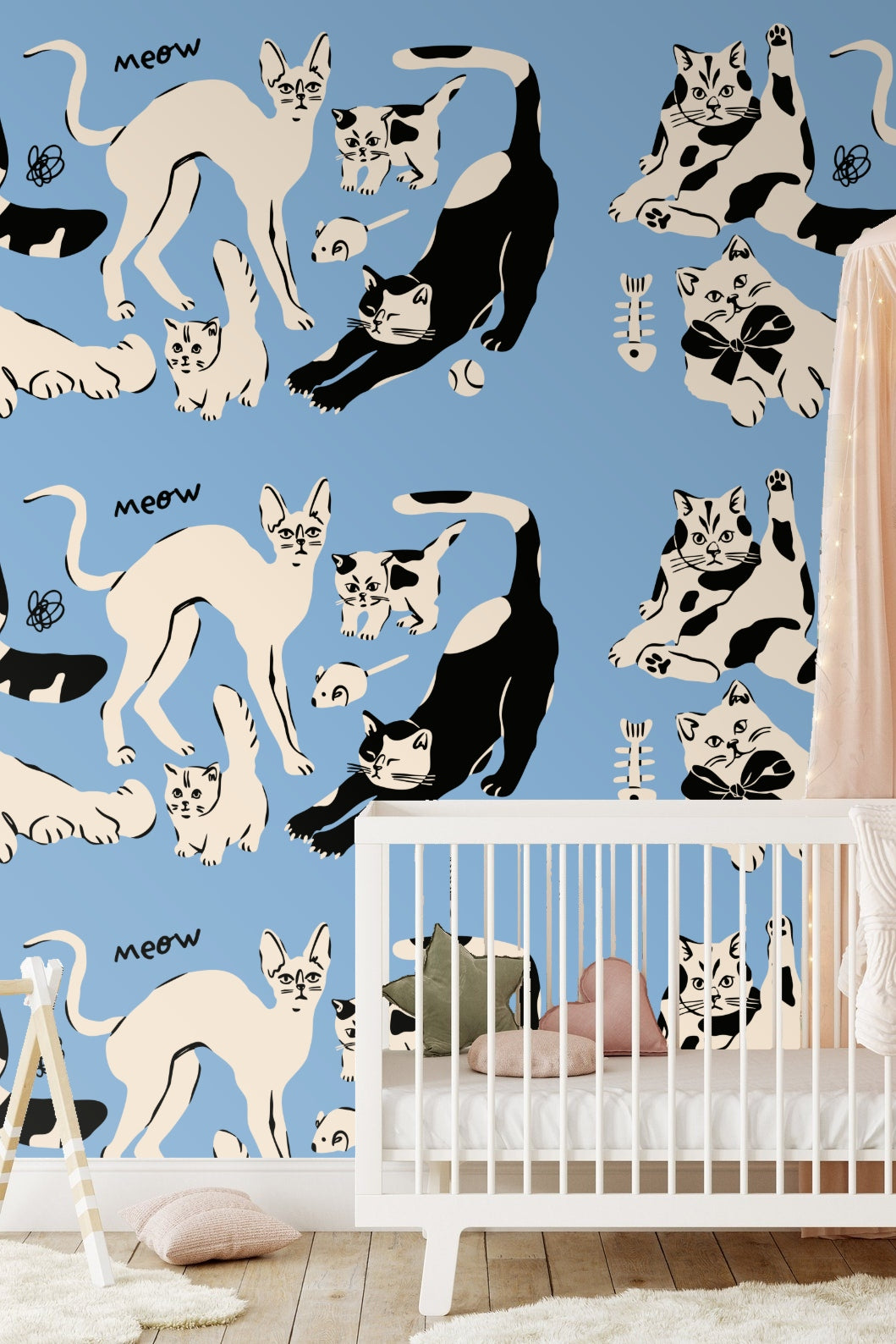 Stretching cat in black silhouette on blue background wallpaper