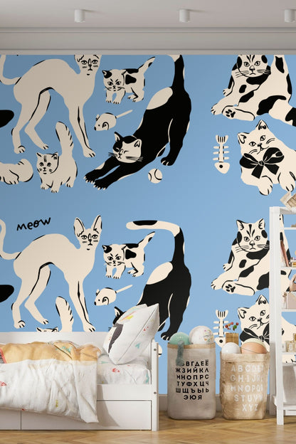 Sleek cream cat outlined in black with 'meow' text on blue wallpaper