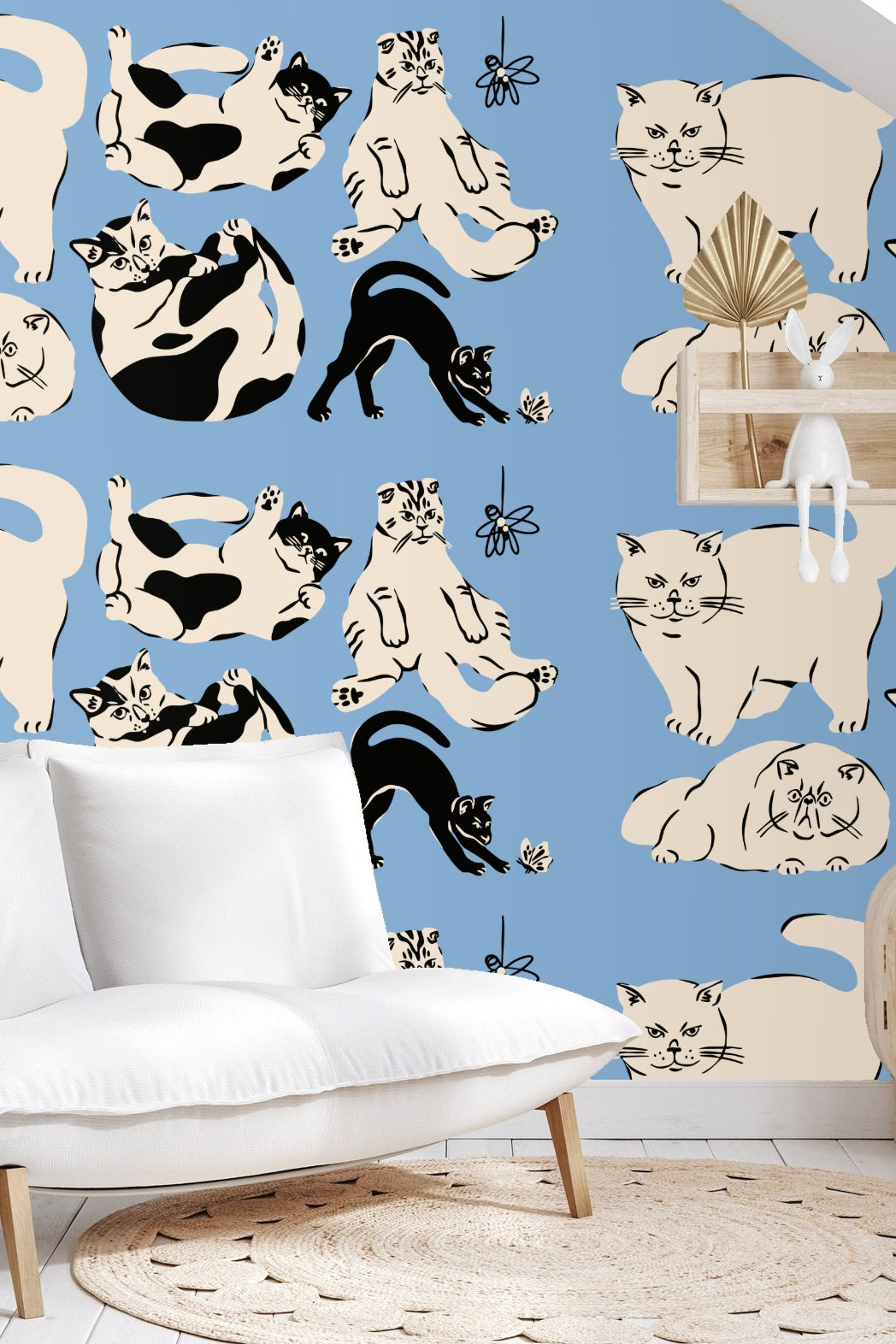 Cat lying on its back with black and white patches in wallpaper design