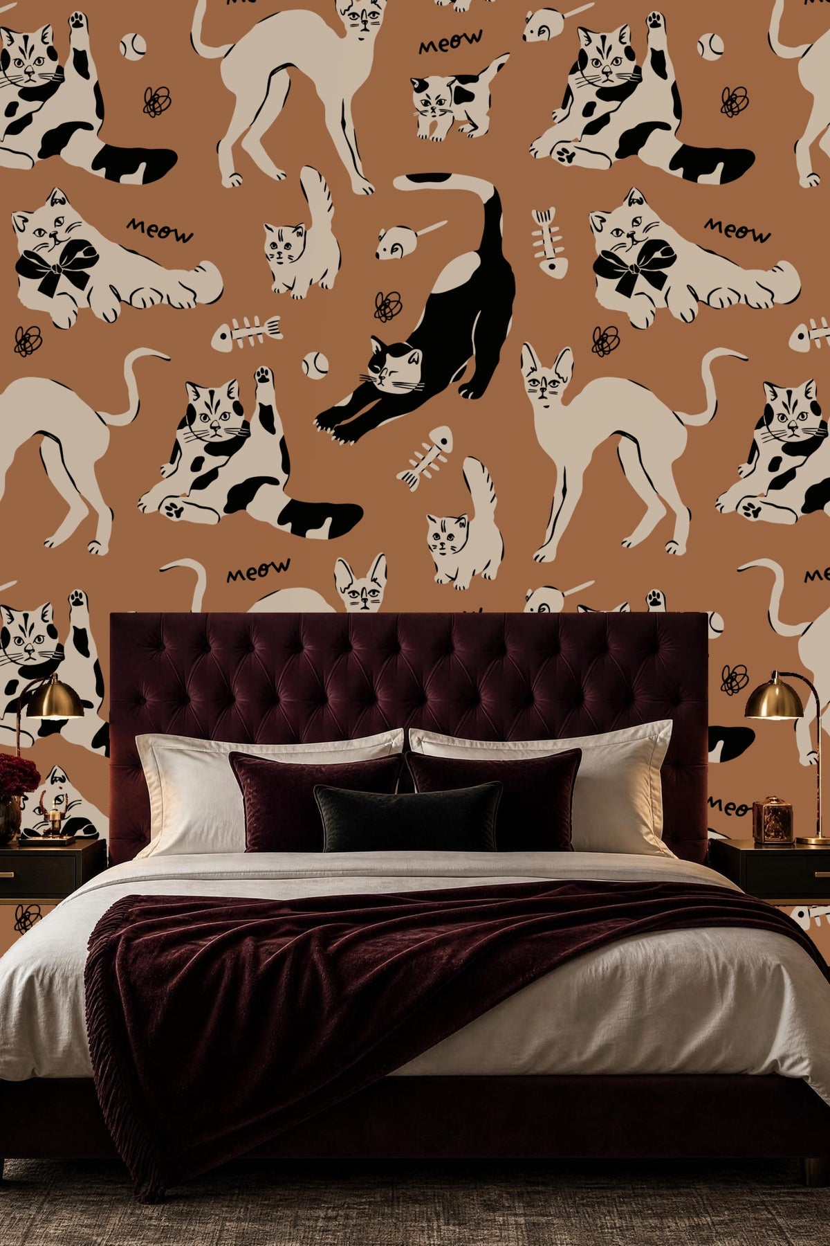 Living room view with sienna wallpaper featuring playful cat illustrations