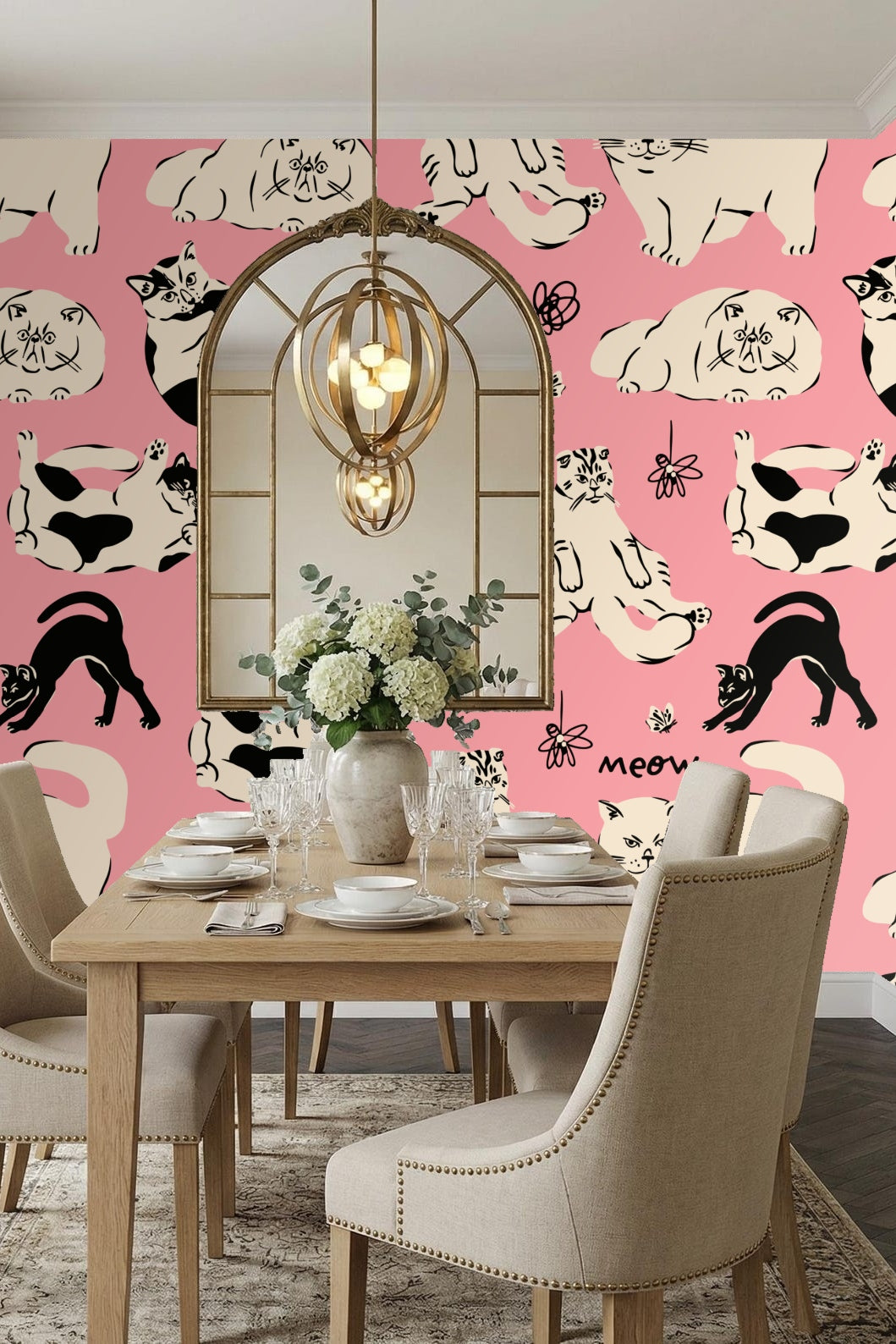 Illustration of stretching black cat and round spotted cream cat on pink wallpaper
