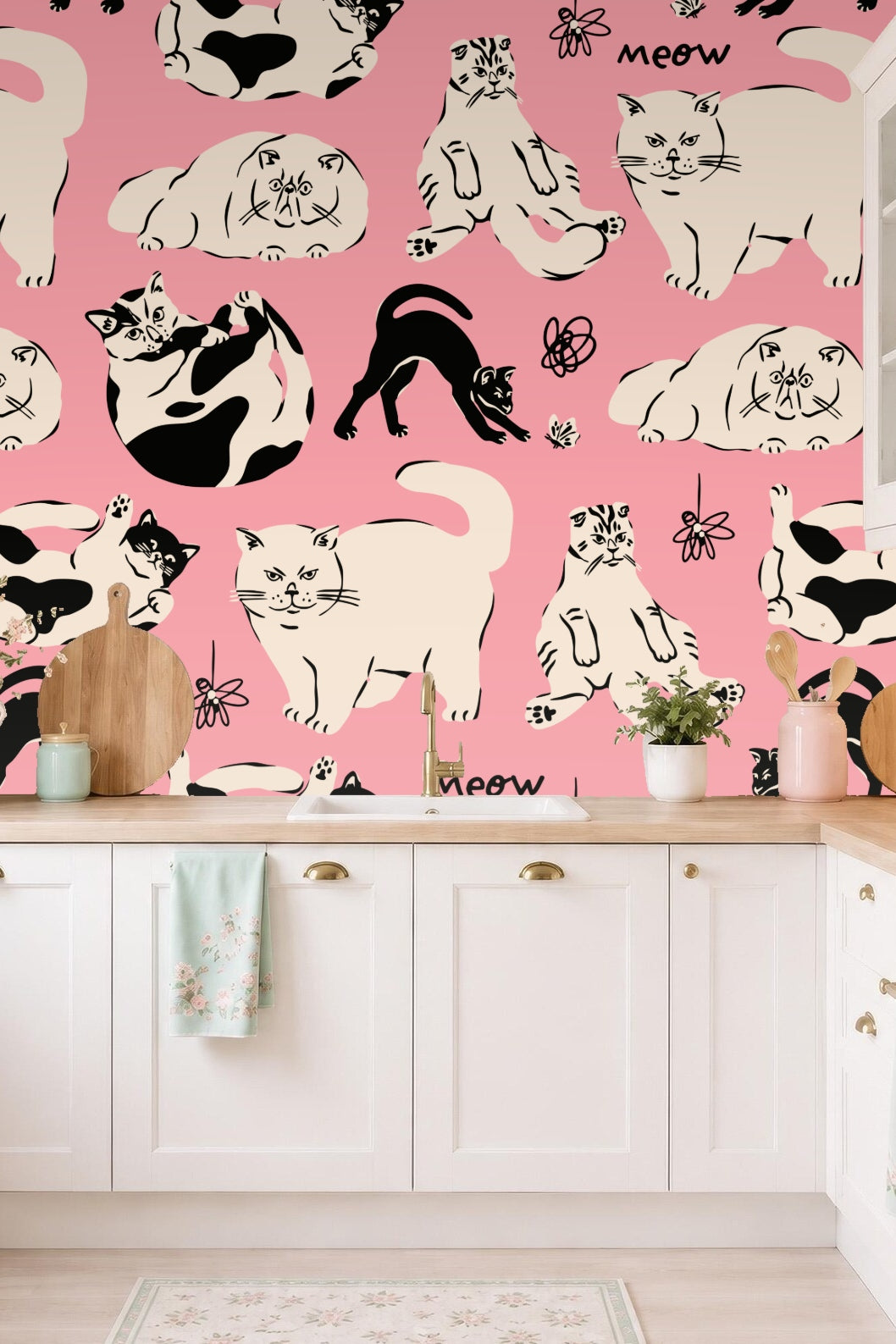 Arrangement of standing and lounging cats in a hand-drawn style on bright pink background