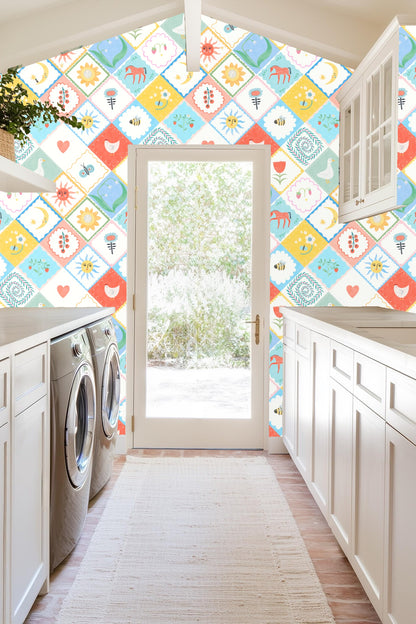Detailed view of honeybee and flower motif in diamond patch