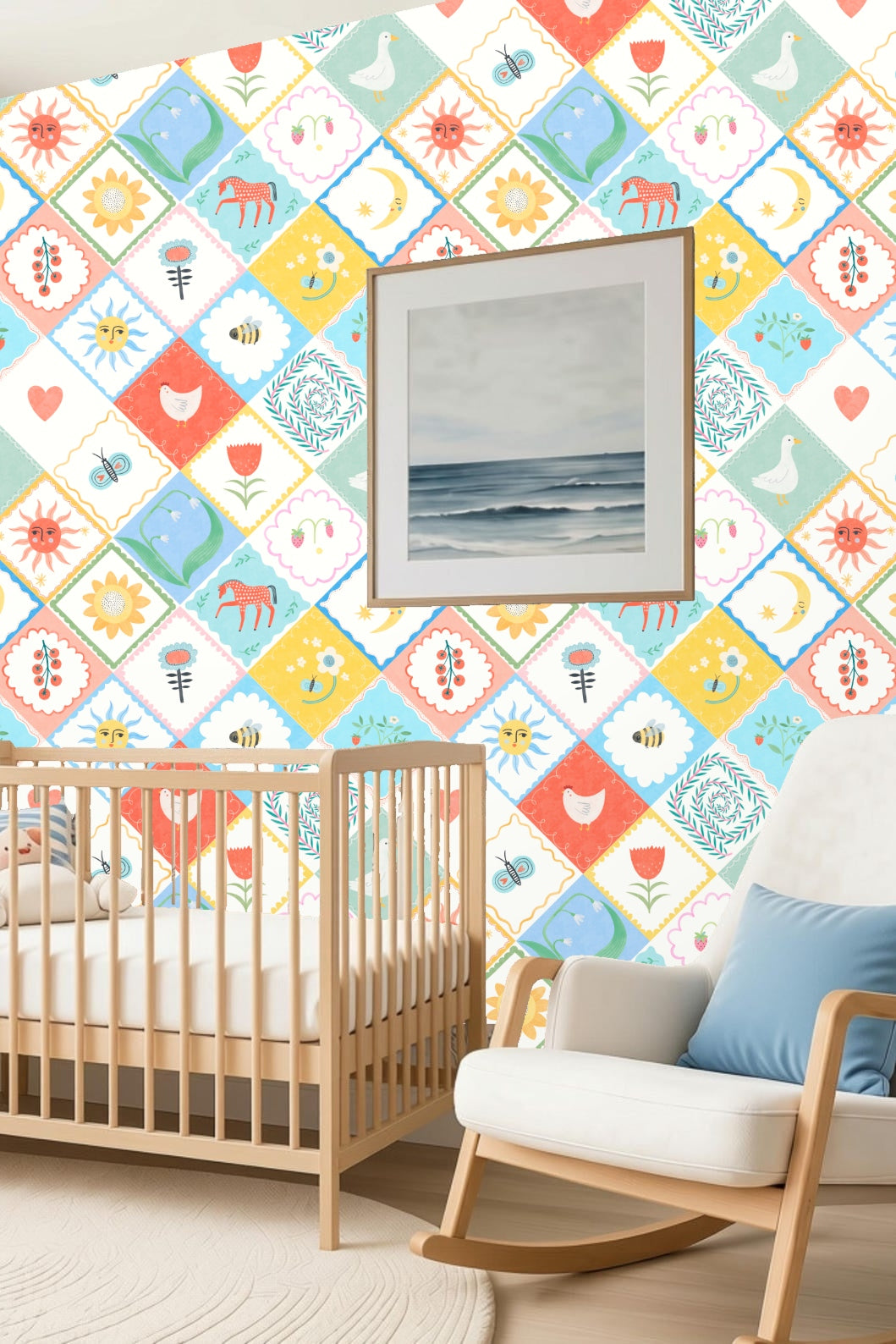 Pastel palette wallpaper with stitched scalloped edges on tiles