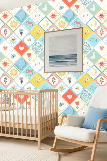 Pastel palette wallpaper with stitched scalloped edges on tiles