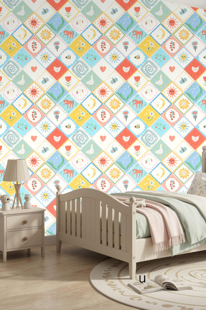 Bedroom wall showcasing Folk Patchplay wallpaper with orange stool
