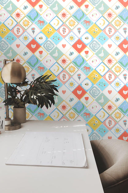 Hand-drawn horse and butterfly motifs in pastel diamond tiles