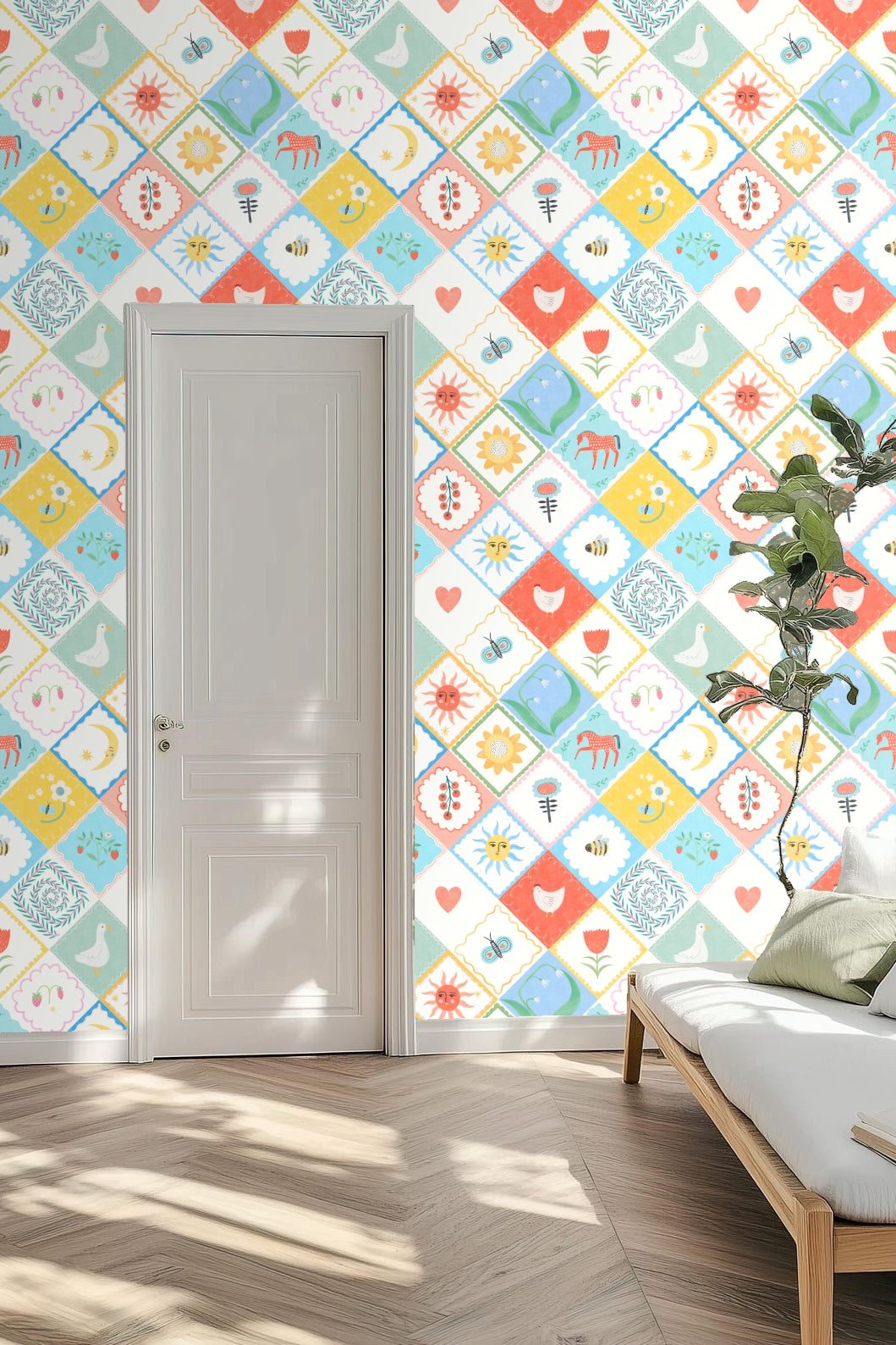 Close-up of diamond tile pattern with sun, moon, flowers, and animals