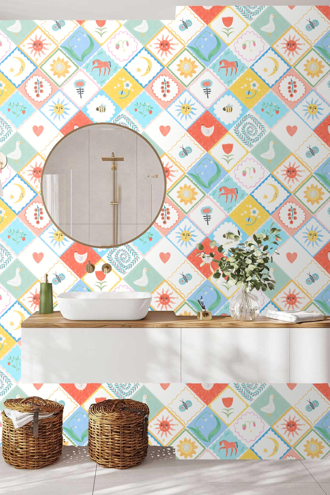 Whimsical heart and star icons in colorful diamond wallpaper