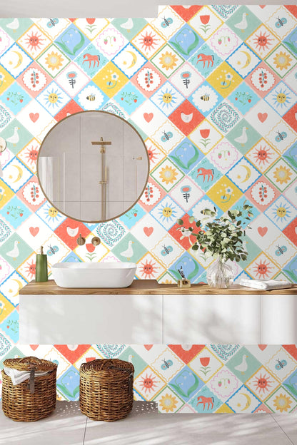 Whimsical heart and star icons in colorful diamond wallpaper