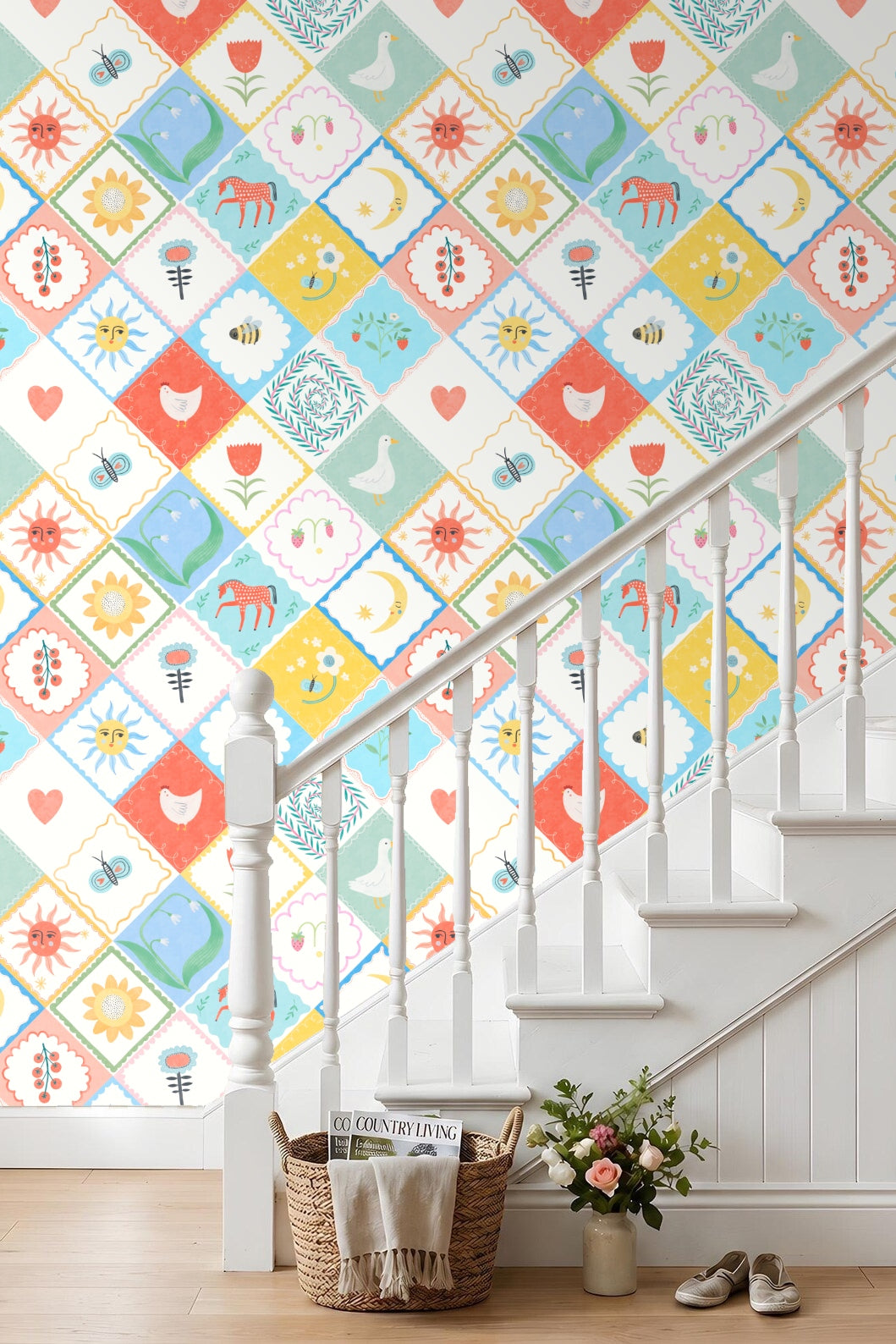 Pattern repeat showing strawberries, tulips, and leaves in soft pastels