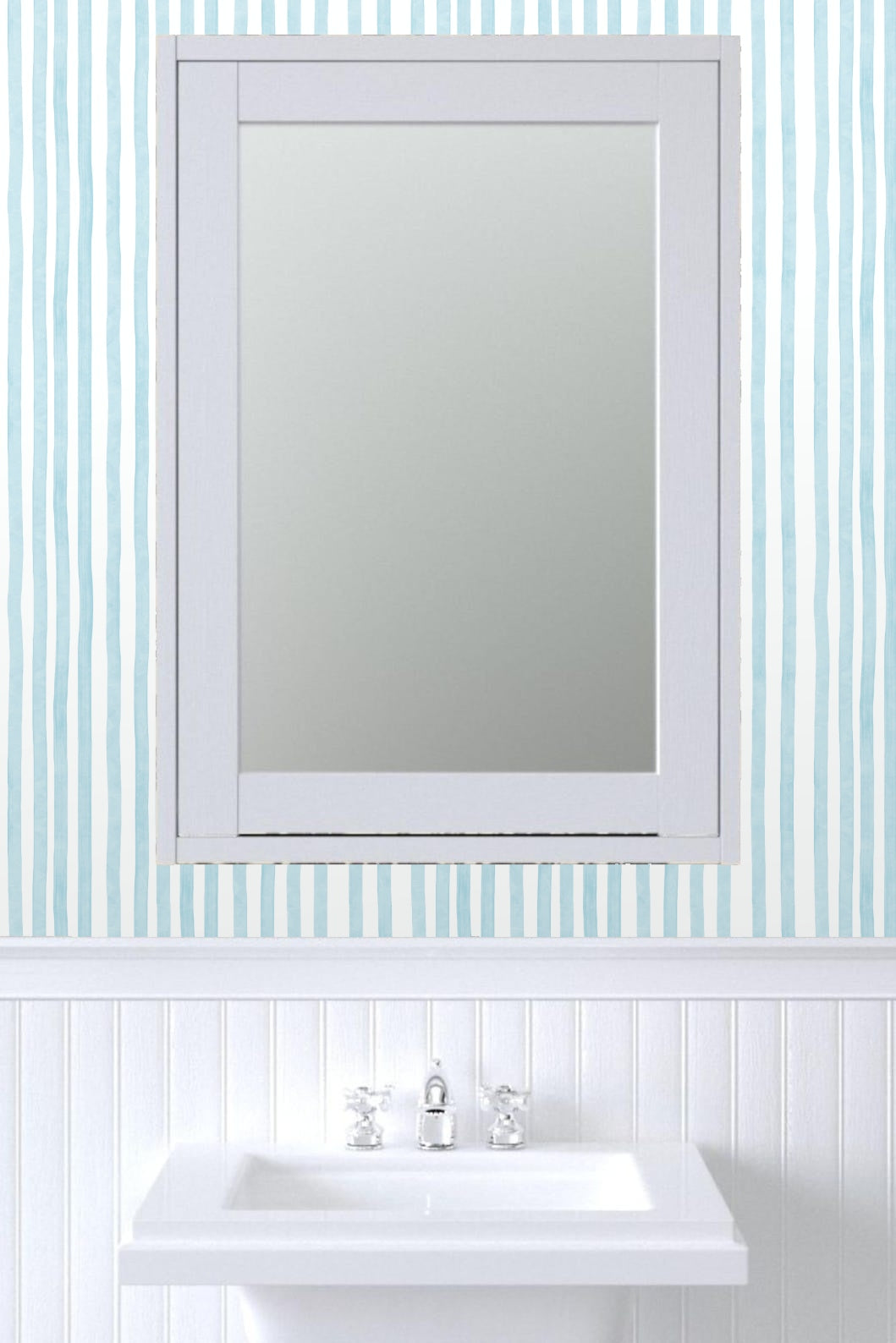 Calm serene bedroom scene with Rippled Sky Lines wallpaper and white linens