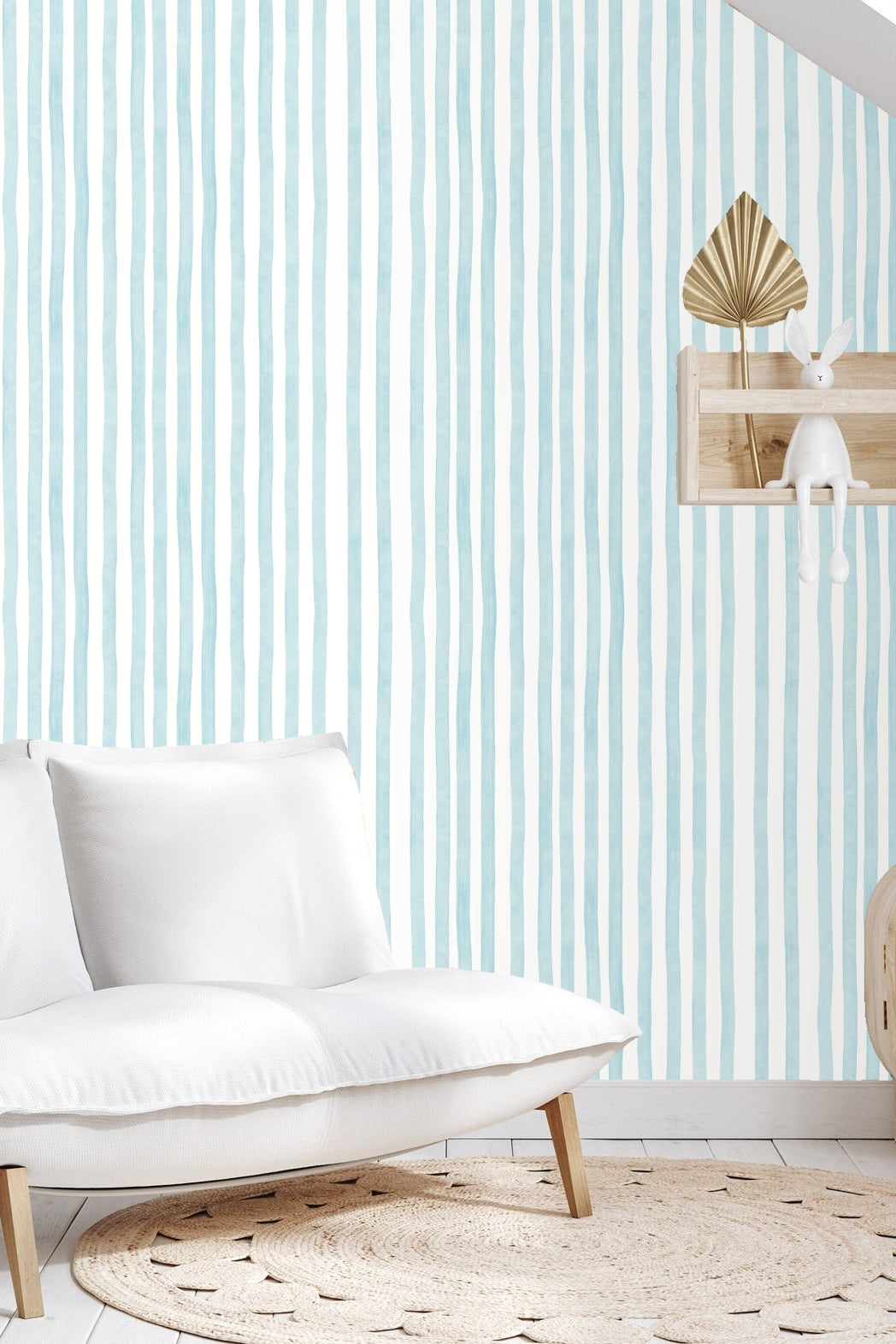 Living room corner with natural wood cabinet and Rippled Sky Lines wallpaper creating a calming backdrop