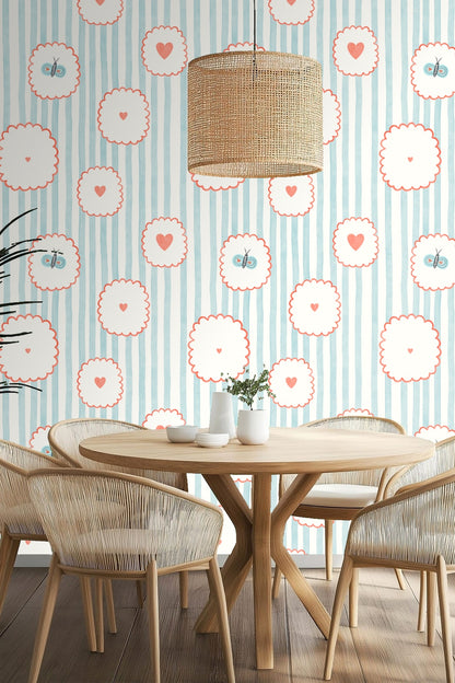 Room scene with wallpaper behind a wooden table holding a floral vase, showing scale and atmosphere
