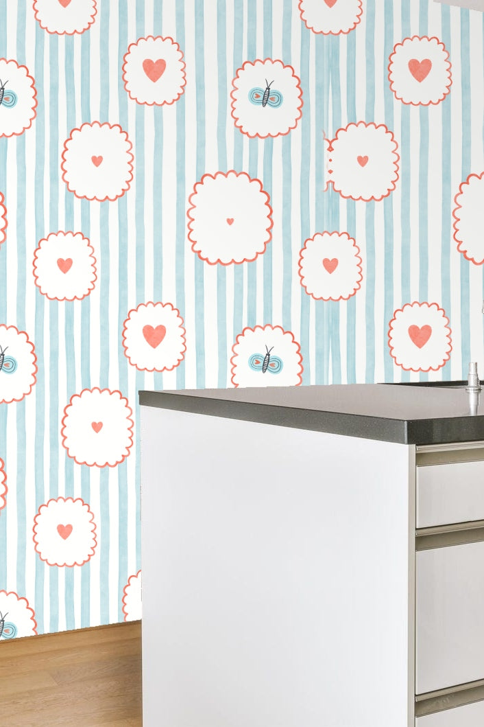 Playful Stripes & Doodles wallpaper shown in an interior setting