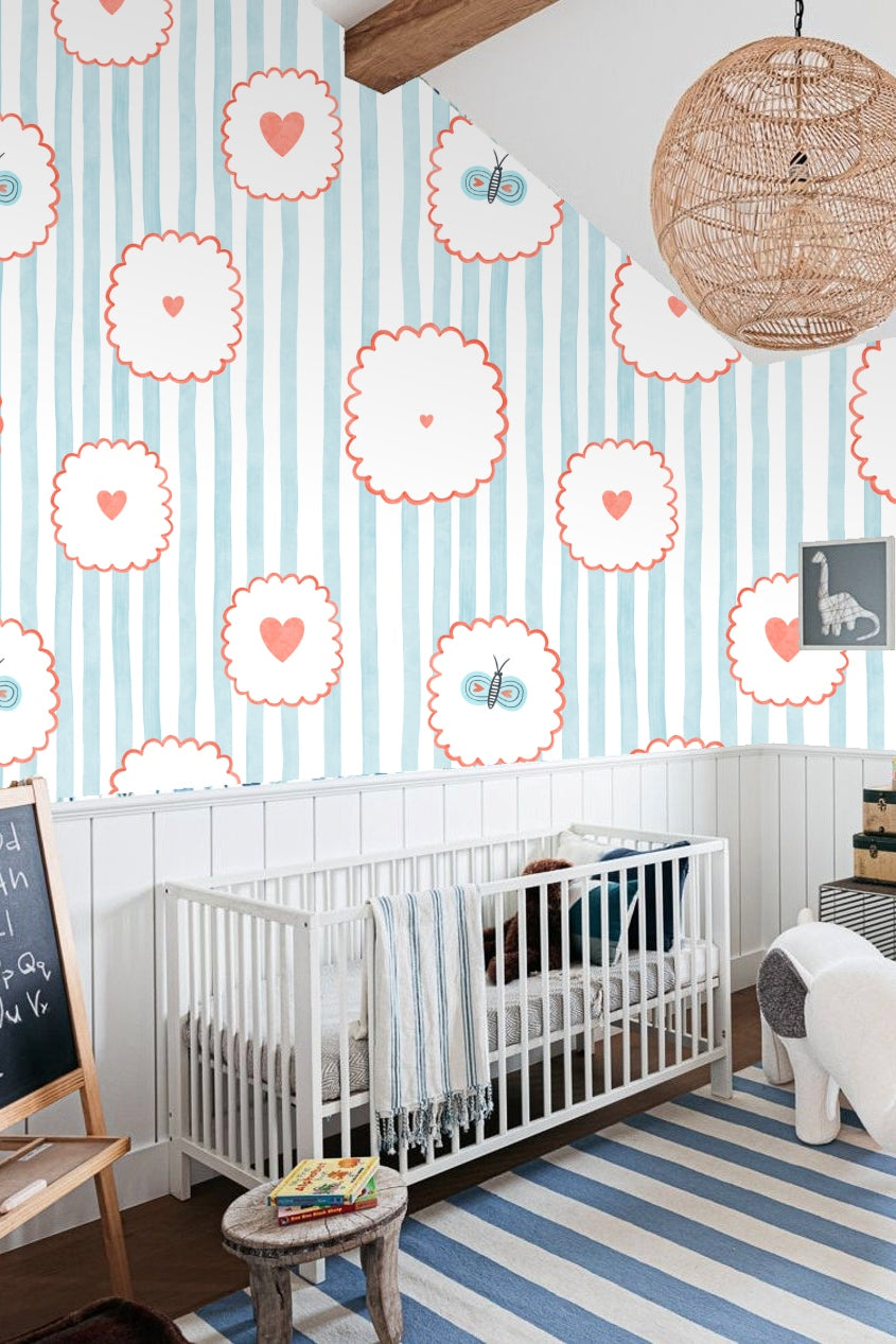 Playful Stripes & Doodles wallpaper shown in an interior setting