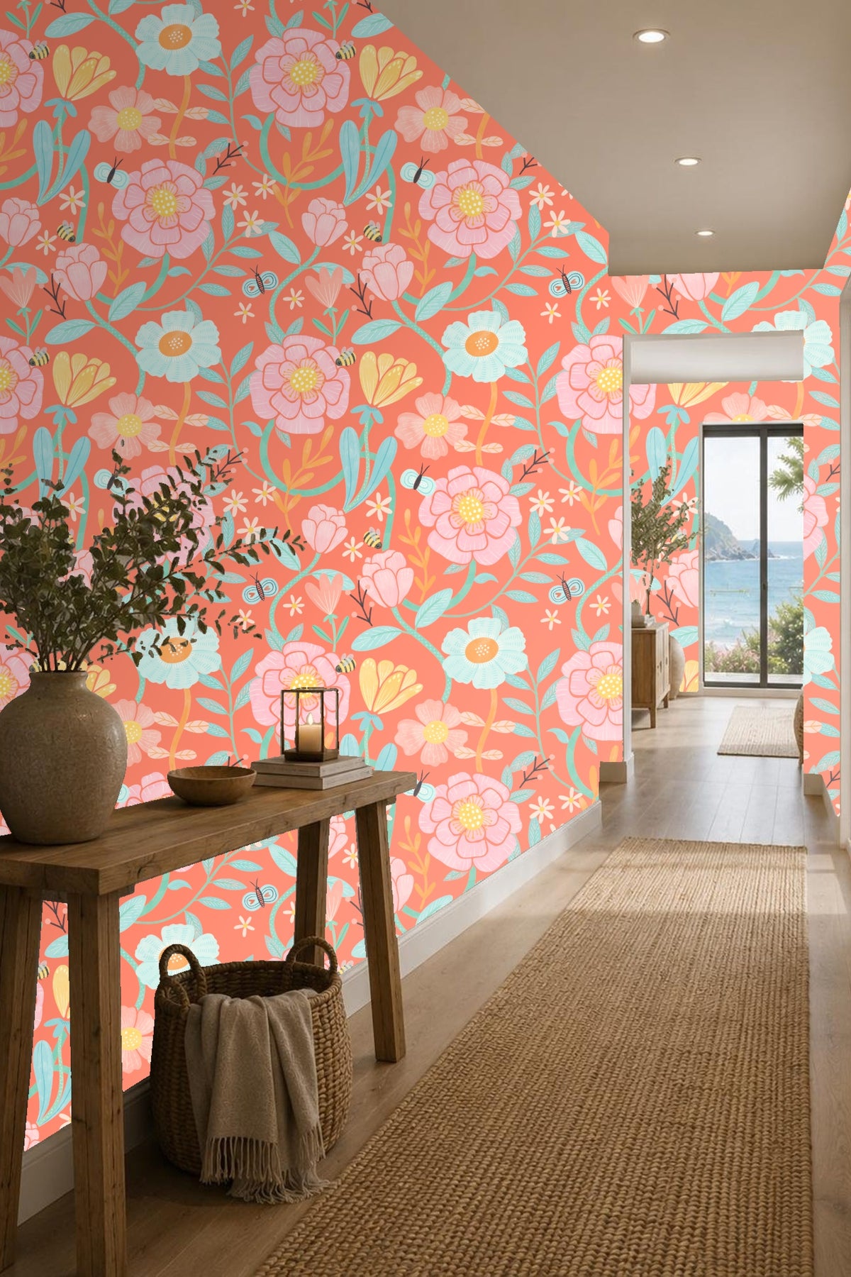 Detail of bees and butterflies on coral floral wallpaper