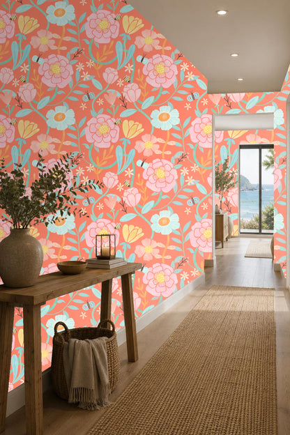 Detail of bees and butterflies on coral floral wallpaper