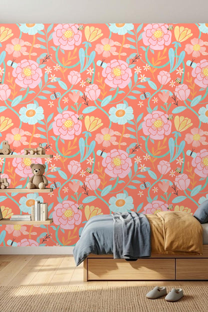 Partial wall section with coral floral wallpaper in natural light