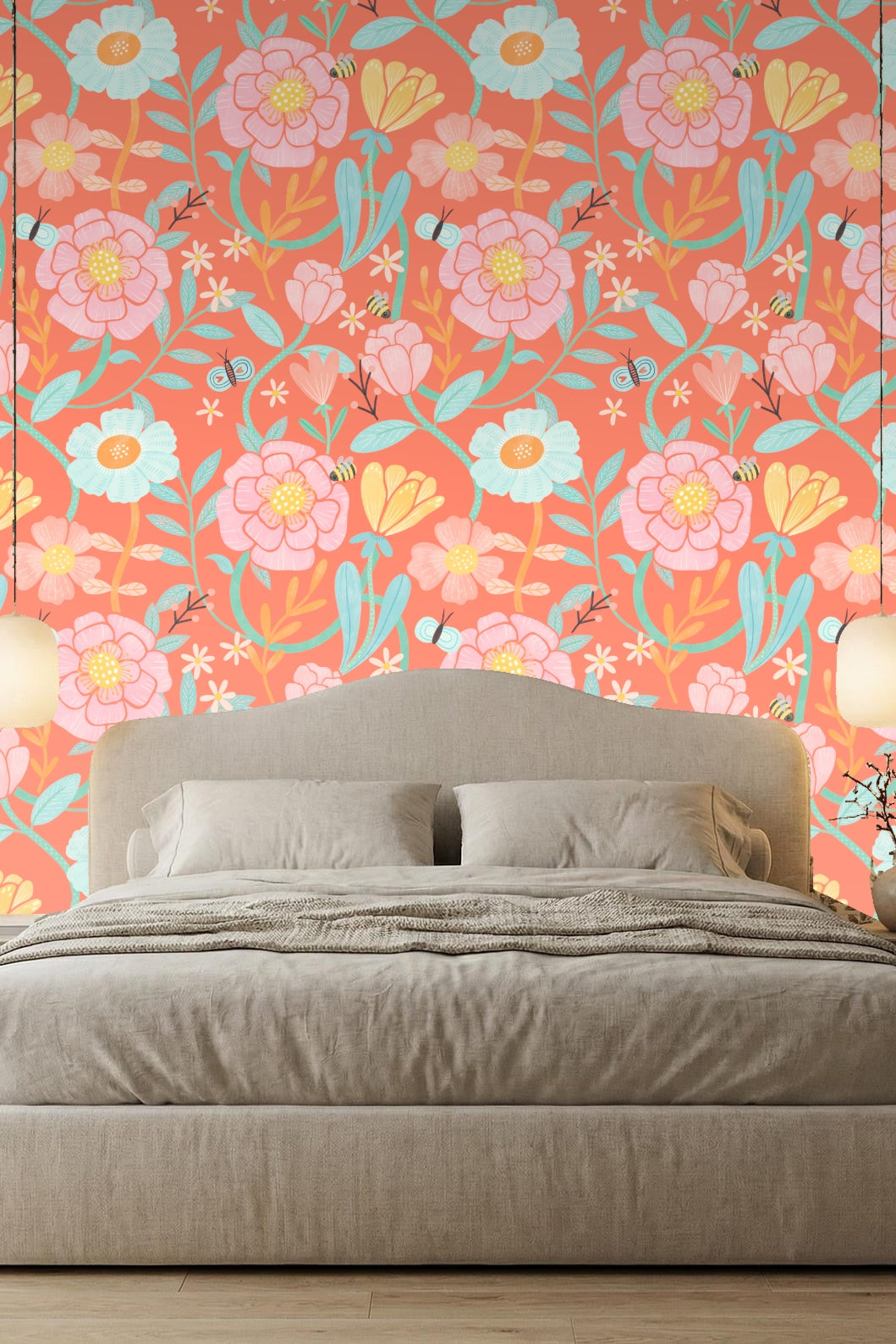 Wallpaper in a styled setting with books and vase