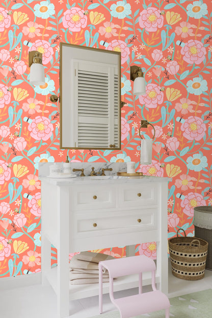 Living room wall adorned with coral floral wallpaper pairing with neutral furniture