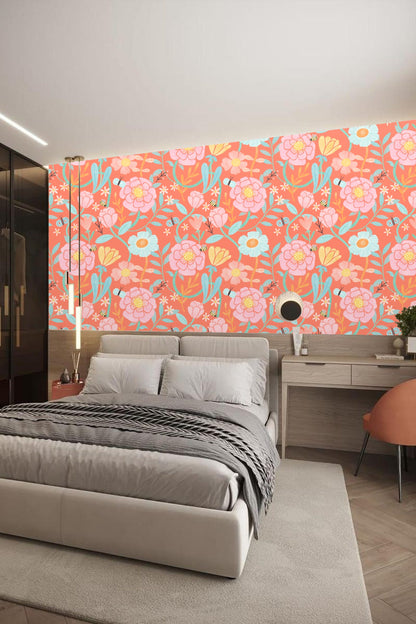 Floral wallpaper pattern close-up featuring detailed pastel flowers and insects